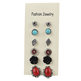 Vintage 6 Pairs of Boho Faux Gem Assorted Stud Earrings