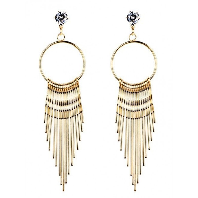 Vintage Crystal Embellished Metal Long Tassel Drop Earrings