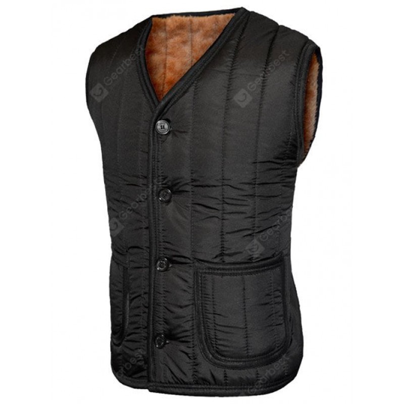 Plush Inside Pocket Button Up Collarless Vest For Men