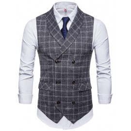 Plaid Double Breasted Men Casual Waistcoat