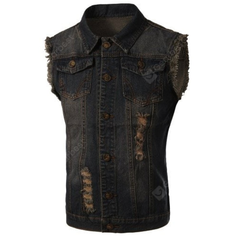 Trendy Turn-Down Collar Bleach Wash Ripped Design Sleeveless Men's Denim Waistcoat