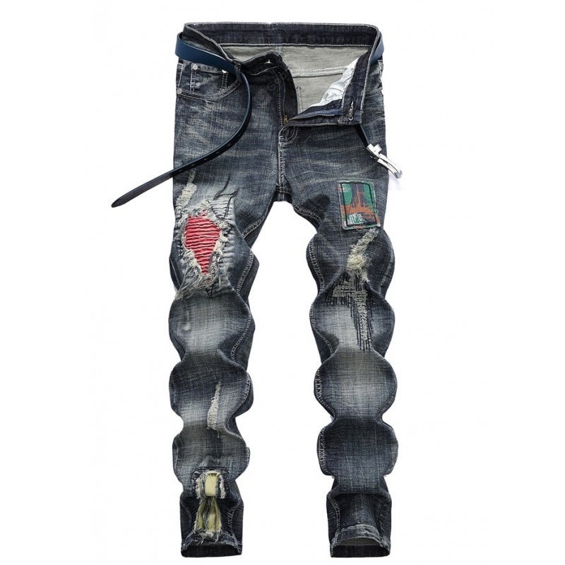 Retro Zipped Patch Jeans for Men