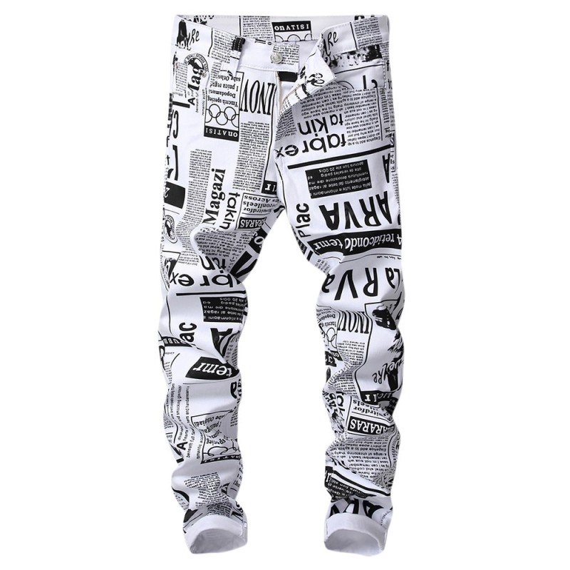 Zipper Fly Newspapers Print Skinny Jeans