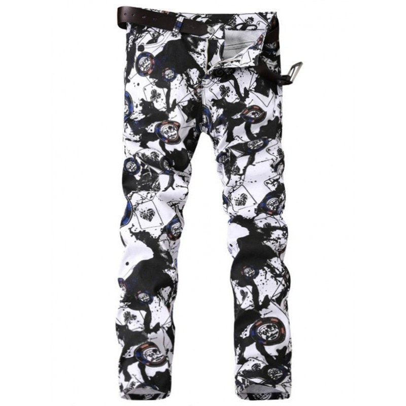 Zipper Fly Paint Splatter Geometric Print Jeans