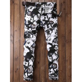 Zipper Fly Paint Splatter Geometric Print Jeans