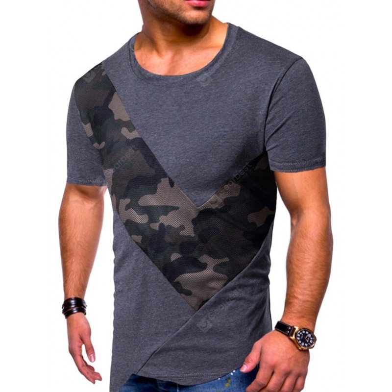 Trendy Camouflage Splicing Short Sleeve Round Neck T-shirt