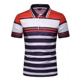 PL42 Men Slim Contrast Stripe Lapel Casual T-shirt