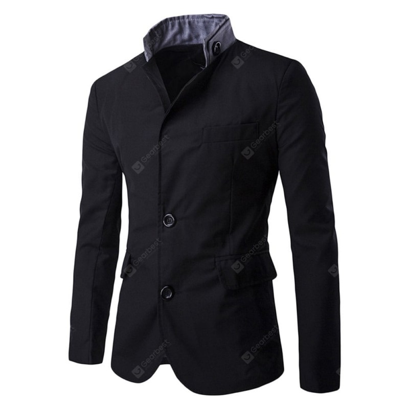 Stand Collar Long Sleeve Button Pocket Men Suit