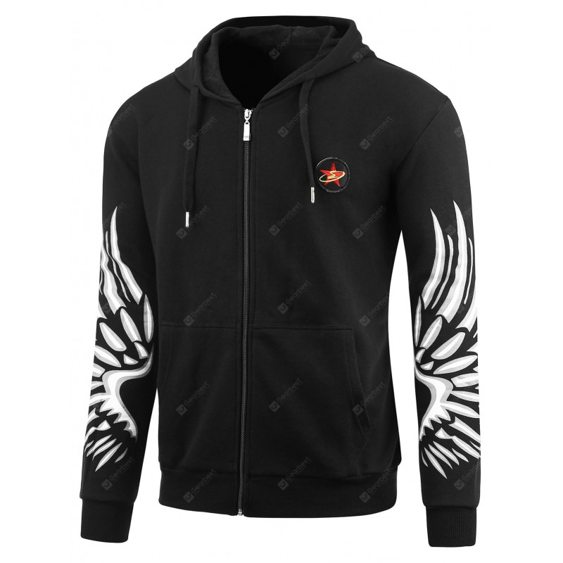 Zip Up Wings Print Plus Size Hoodie