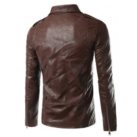 Plus Size Epaulet Design PU-Leather Turn-Down Collar Zip-Up Jacket