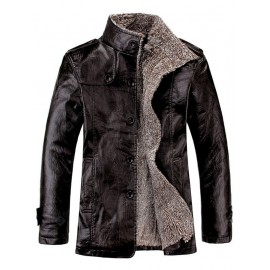 Stand Collar Flocking Single Breasted PU-Leather Jacket