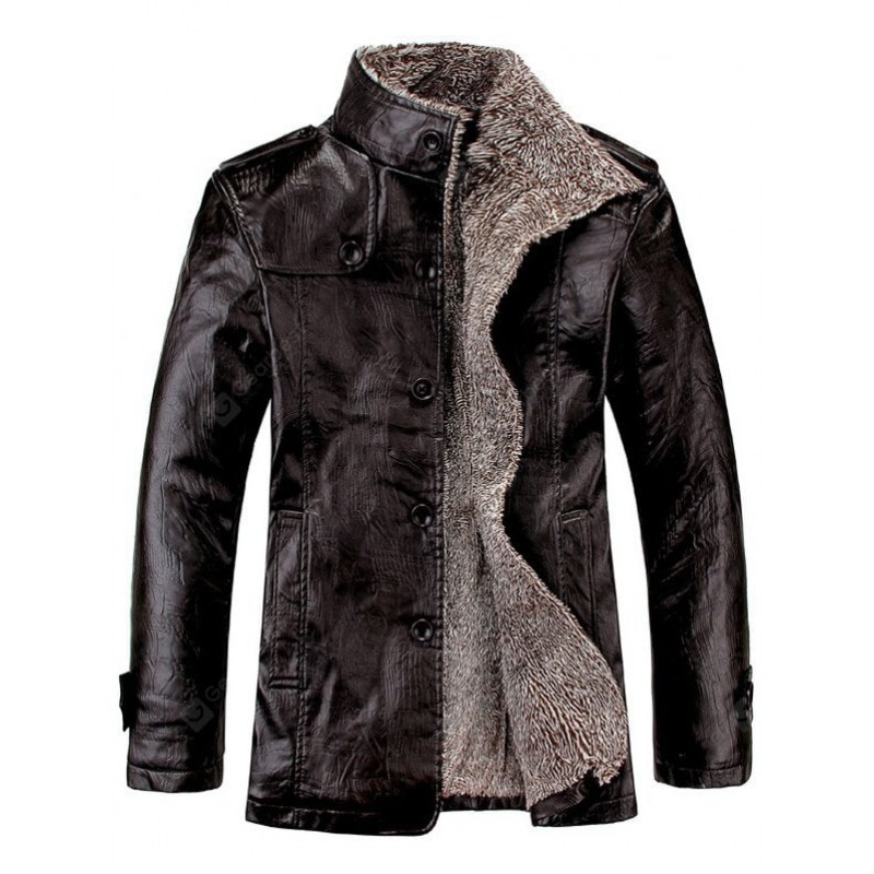 Stand Collar Flocking Single Breasted PU-Leather Jacket