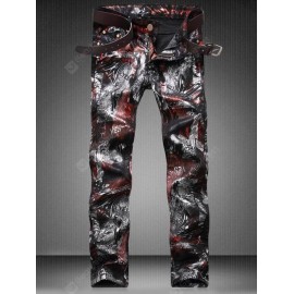 Plus Size Zipper Fly Color Block Abstract Print Straight Leg Jeans