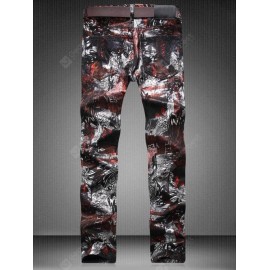 Plus Size Zipper Fly Color Block Abstract Print Straight Leg Jeans