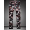 Plus Size Zipper Fly Color Block Abstract Print Straight Leg Jeans