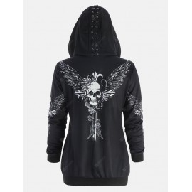 Skull Wings Print Halloween Zip Up Hoodie