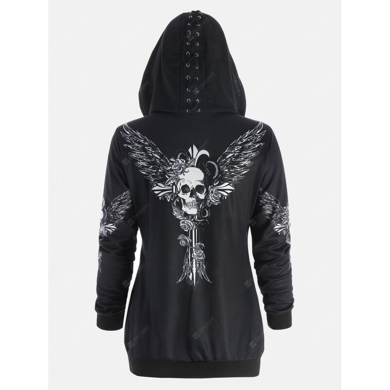 Skull Wings Print Halloween Zip Up Hoodie