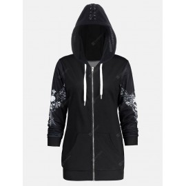 Skull Wings Print Halloween Zip Up Hoodie