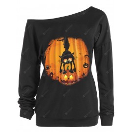 Skew Neck Halloween Pumpkin Cat Print Sweatshirt