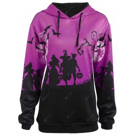 Plus Size Halloween Moon Bat Print Hoodie with Pocket