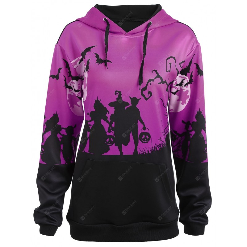 Plus Size Halloween Moon Bat Print Hoodie with Pocket