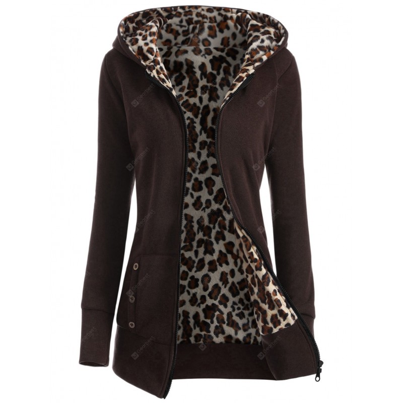 Zipper Fly Thicken Leopard Pattern Brown Hoodie