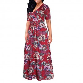 Women Causal Fashion Floral Print Maxi Dress Floral Big Swing Stitching Dress