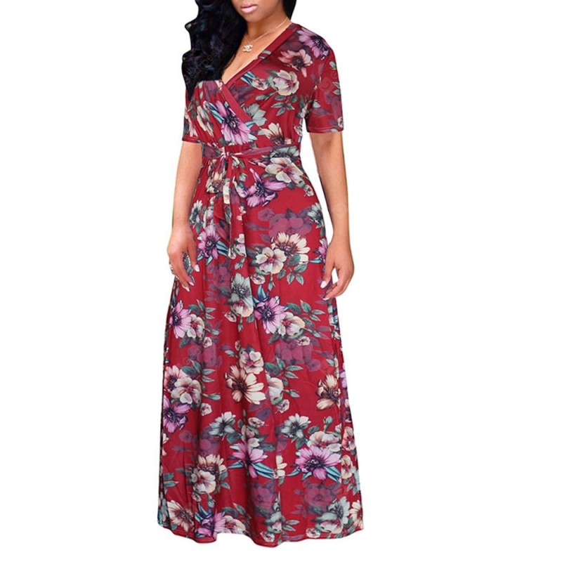 Women Causal Fashion Floral Print Maxi Dress Floral Big Swing Stitching Dress