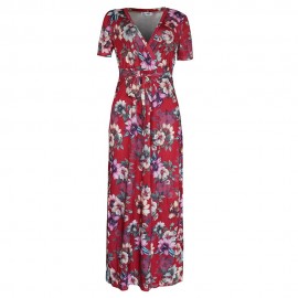 Women Causal Fashion Floral Print Maxi Dress Floral Big Swing Stitching Dress