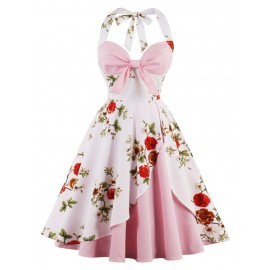 Vintage Floral Print Halter Pin Up Dress