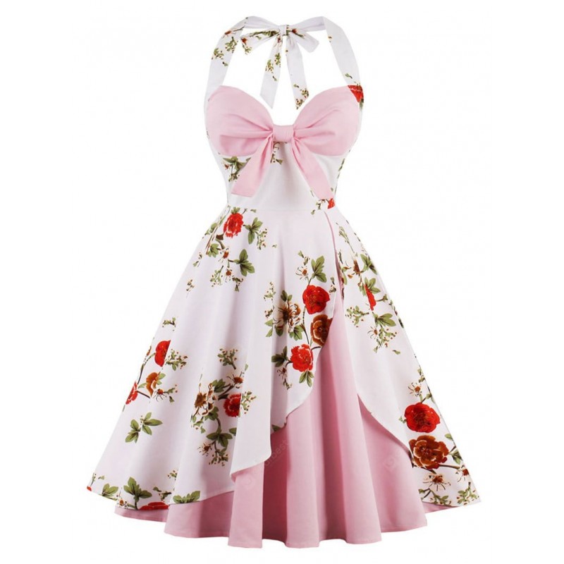 Vintage Floral Print Halter Pin Up Dress