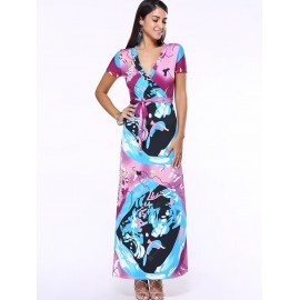 Plunging Neck Print Belted Maxi Dress