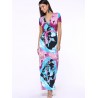 Plunging Neck Print Belted Maxi Dress