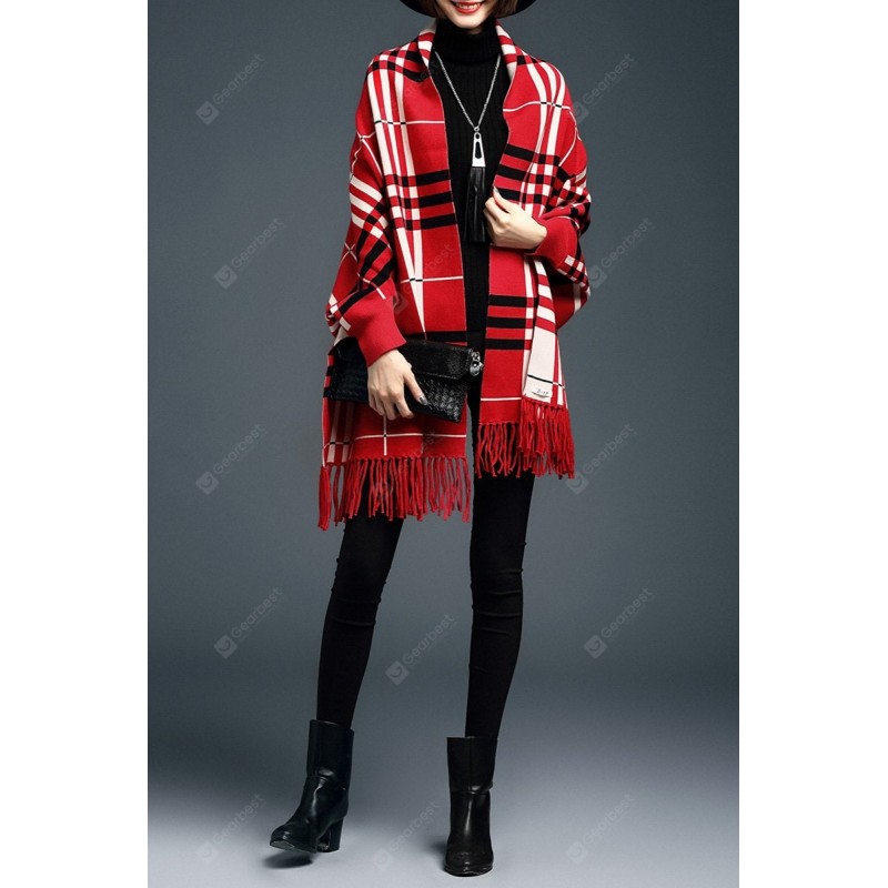 Plaid Fringe Cape Cardigan