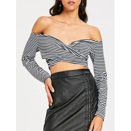 Open Shoulder Striped Long Sleeve Crop Top