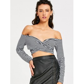 Open Shoulder Striped Long Sleeve Crop Top