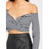 Open Shoulder Striped Long Sleeve Crop Top