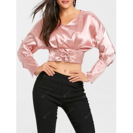 Satin Lace Up Long Sleeve Crop Top