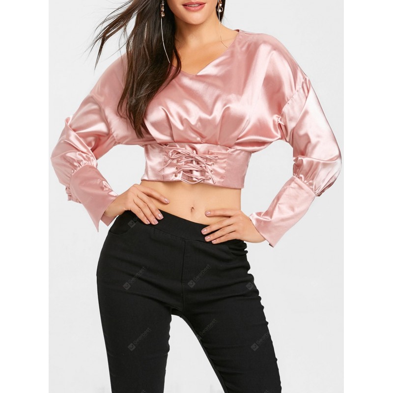 Satin Lace Up Long Sleeve Crop Top