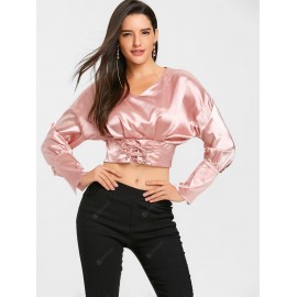 Satin Lace Up Long Sleeve Crop Top