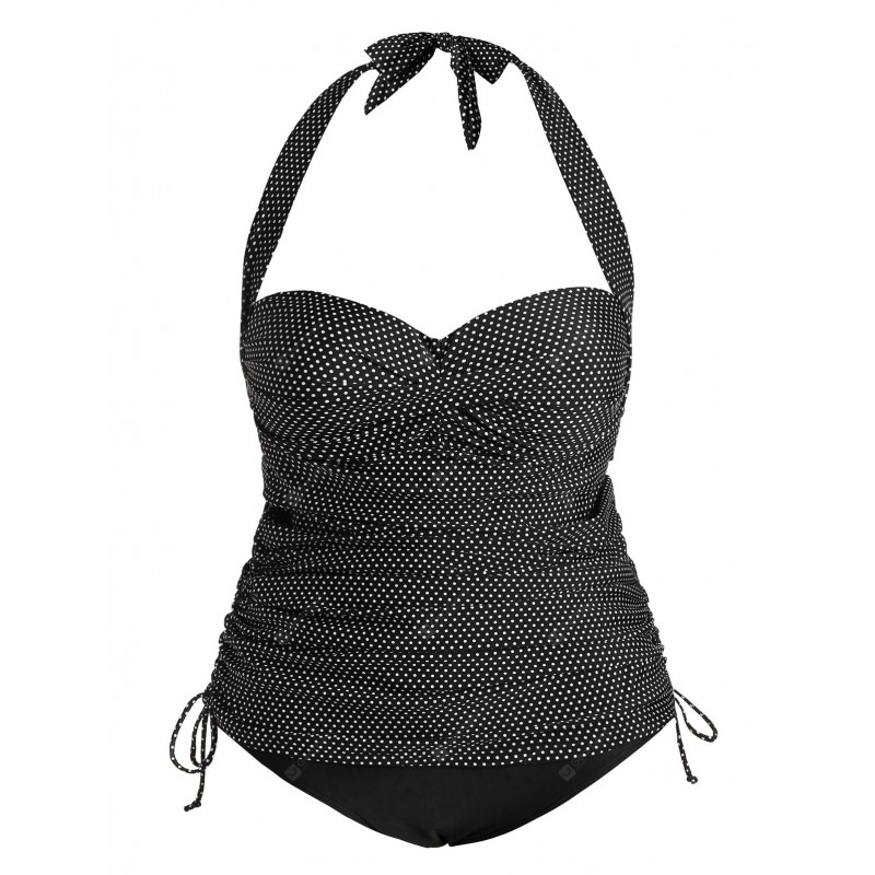 Polka Dot Halter Padded Plus Size Push Up Tankini Swimsuit