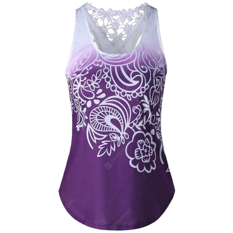 Women Vest Tops Lace Stitching Print Sleeveless