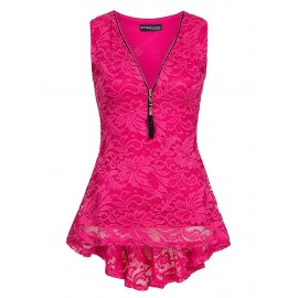 Women Casual Vest Top Sleeveless Lace Zip