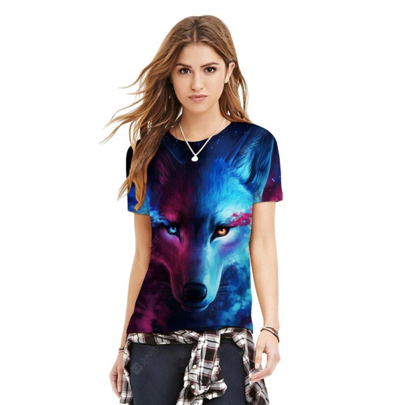 Round Collar Short Sleeve Wolf Print Women T-shirt