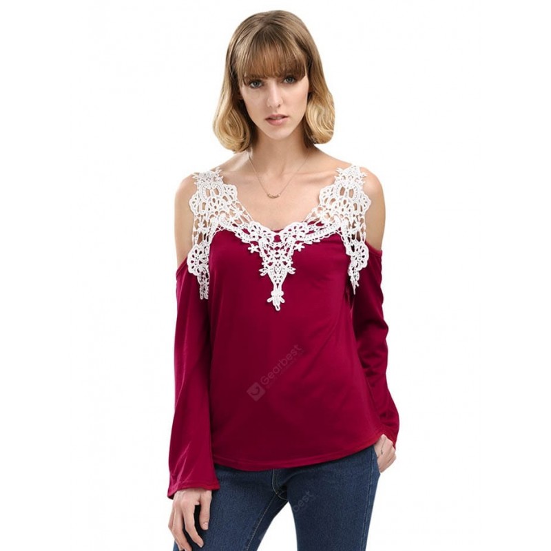 Sexy V-Neck Flare Sleeve Cut Out Lacework Deisgn Spliced Women T-Shirt