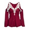 Sexy V-Neck Flare Sleeve Cut Out Lacework Deisgn Spliced Women T-Shirt