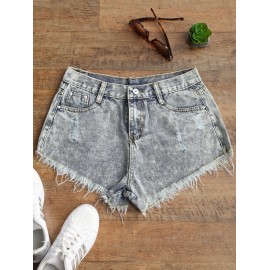 Ripped Frayed Hem Bleach Wash Jean Shorts