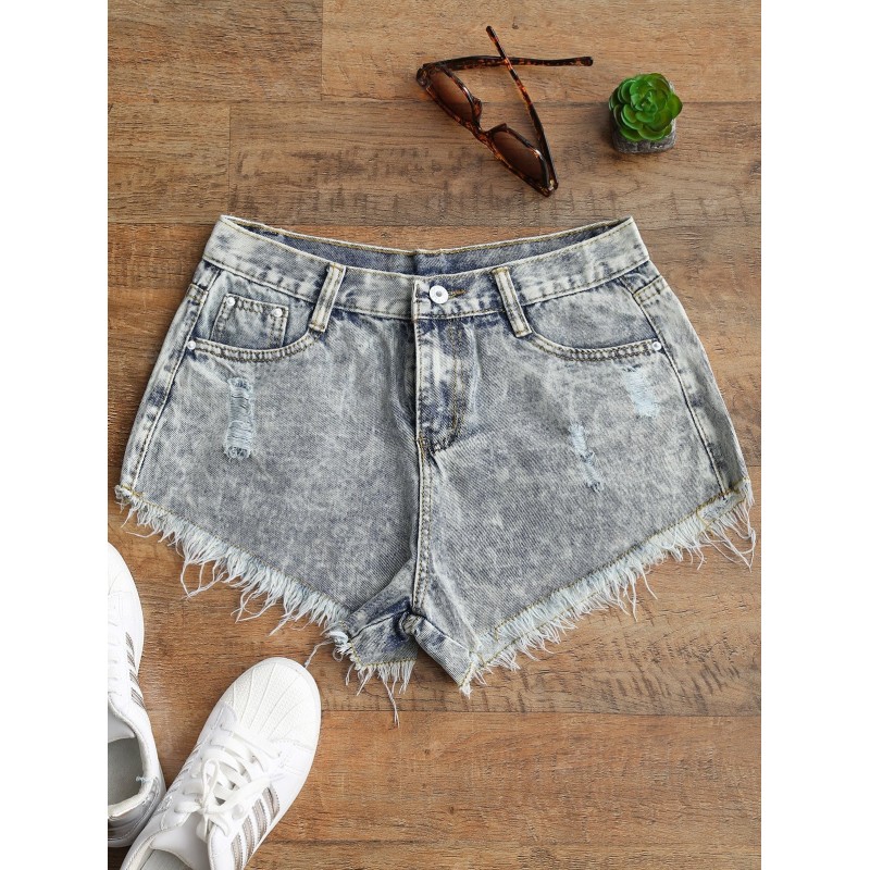 Ripped Frayed Hem Bleach Wash Jean Shorts