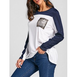 Sequin Pocket Contrast Color Long Sleeve Top