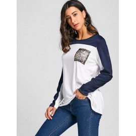 Sequin Pocket Contrast Color Long Sleeve Top